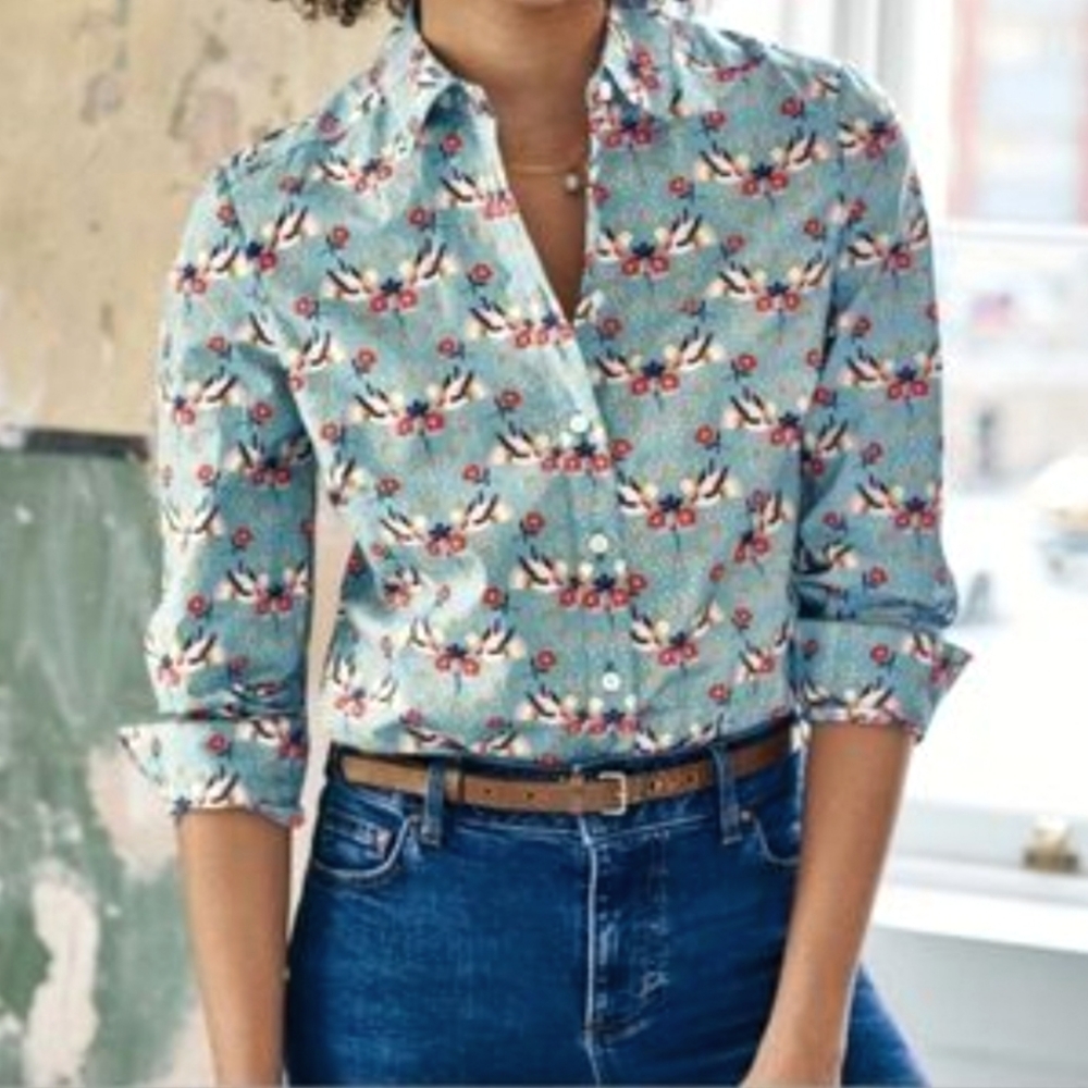 Boden Modern Classic Shirt Sz 14 Long Sleeve Button Up Bird Print